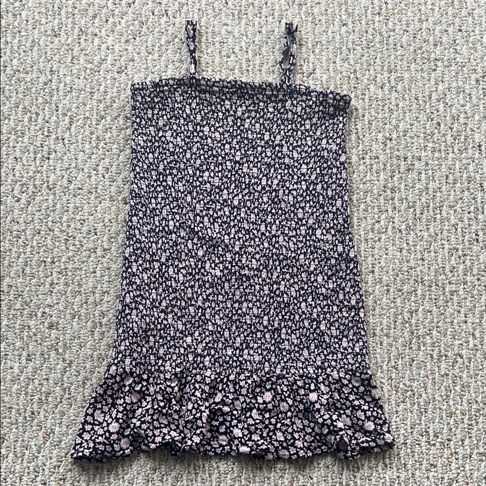 Vintage Havana Black & Light Pink Floral Smocked Mini Sundress with Ruffle Hem